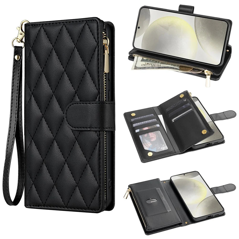 For Samsung Galaxy S25+ Case Rhombus Stitching Leather Wallet Phone Cover with Long  /  Short Strap - Black - 1