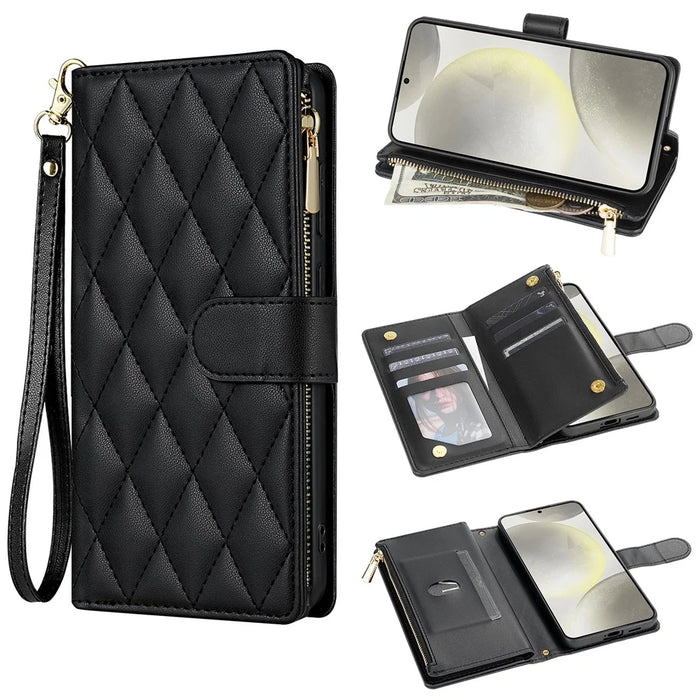 For Samsung Galaxy S25+ Case Rhombus Stitching Leather Wallet Phone Cover with Long  /  Short Strap - Black - 1