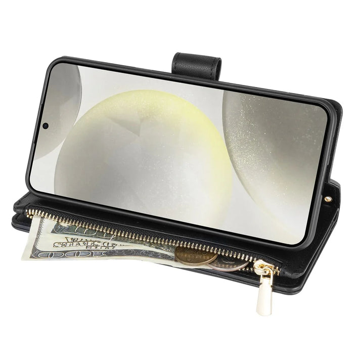 For Samsung Galaxy S25+ Case Rhombus Stitching Leather Wallet Phone Cover with Long  /  Short Strap - Black - 2