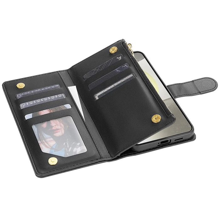 For Samsung Galaxy S25+ Case Rhombus Stitching Leather Wallet Phone Cover with Long  /  Short Strap - Black - 3