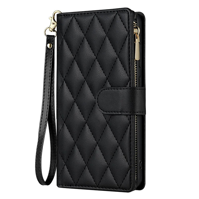 For Samsung Galaxy S25+ Case Rhombus Stitching Leather Wallet Phone Cover with Long  /  Short Strap - Black - 7