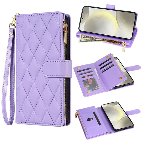 For Samsung Galaxy A16 5G  /  4G Case Rhombus Stitching Leather Wallet Phone Cover with Long  /  Short Strap - Light Purple - 1