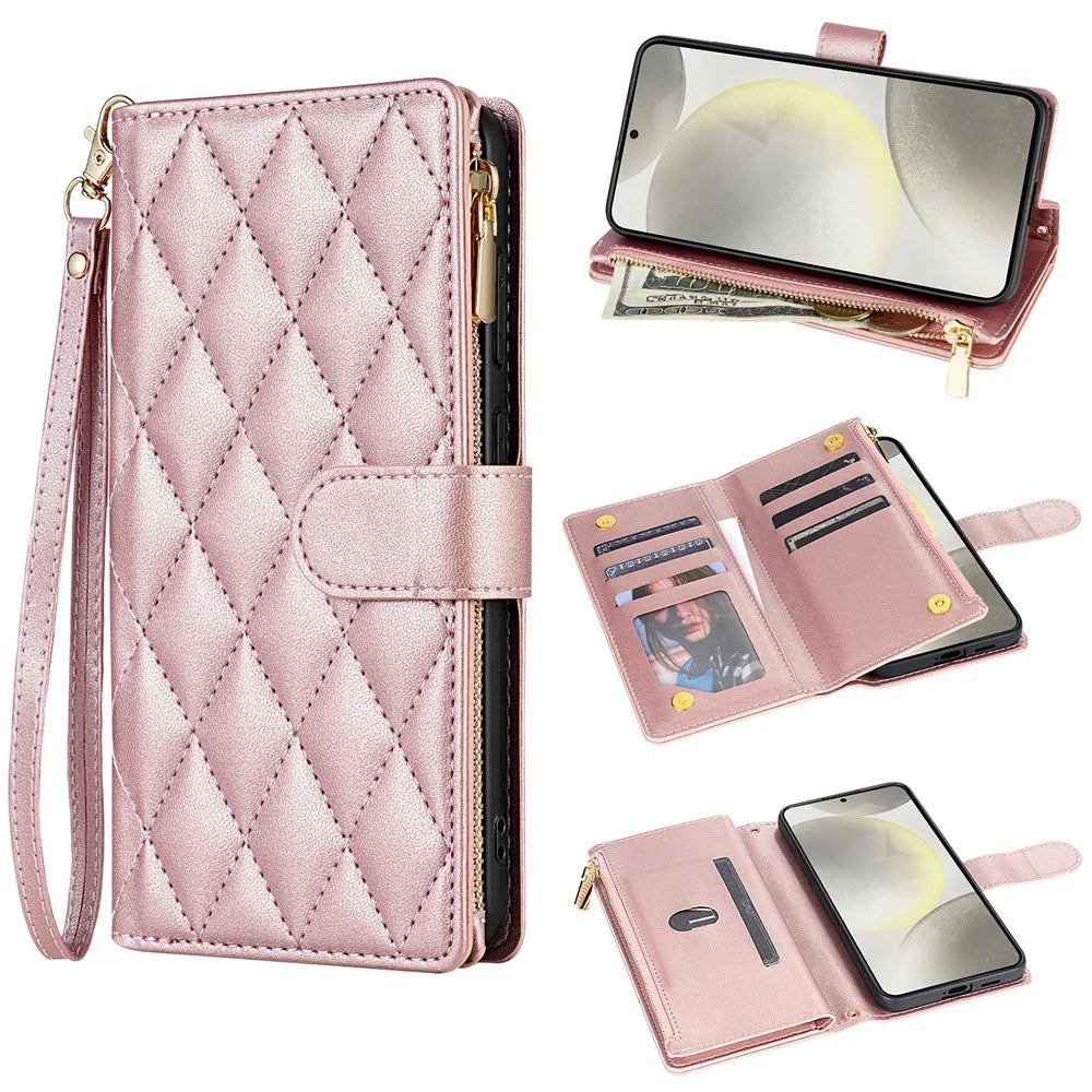 For Samsung Galaxy A36 5G Case Rhombus Stitching Leather Wallet Phone Cover with Long  /  Short Strap - Rose Gold - 1