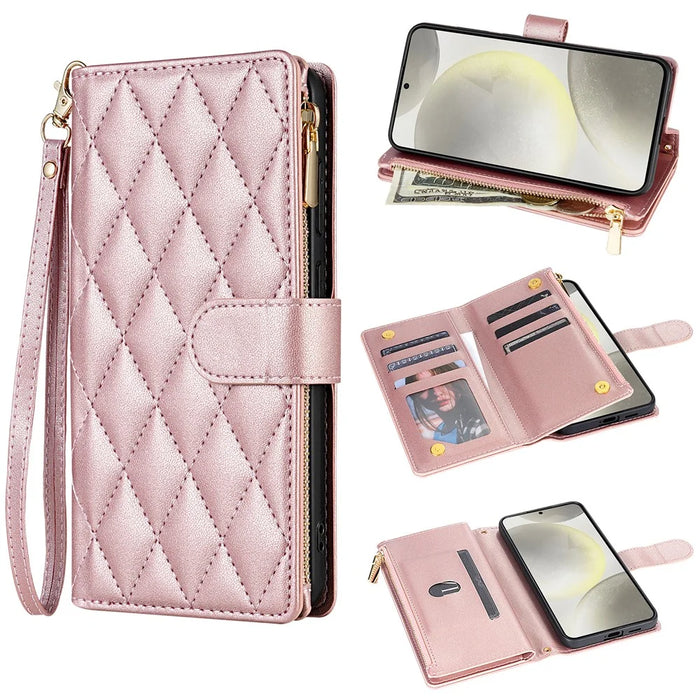 For Samsung Galaxy A36 5G Case Rhombus Stitching Leather Wallet Phone Cover with Long  /  Short Strap - Rose Gold - 1