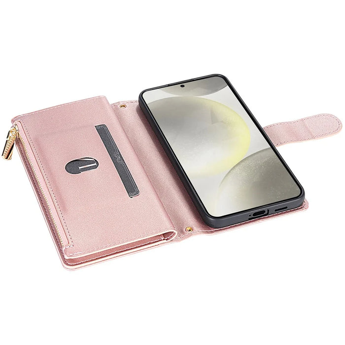 For Samsung Galaxy A36 5G Case Rhombus Stitching Leather Wallet Phone Cover with Long  /  Short Strap - Rose Gold - 4