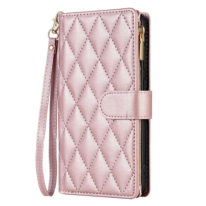 For Samsung Galaxy A36 5G Case Rhombus Stitching Leather Wallet Phone Cover with Long  /  Short Strap - Rose Gold - 7