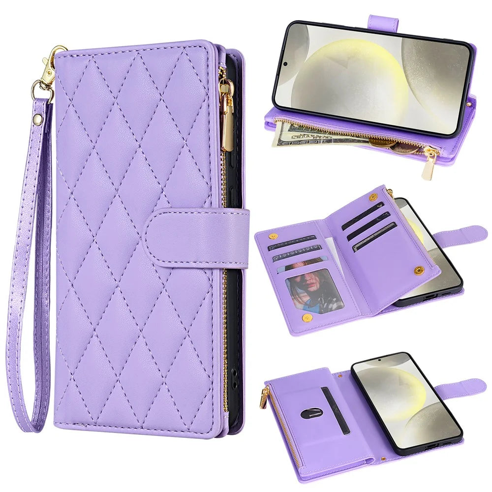 For Samsung Galaxy A56 5G Case Rhombus Stitching Leather Wallet Phone Cover with Long  /  Short Strap - Light Purple - 1