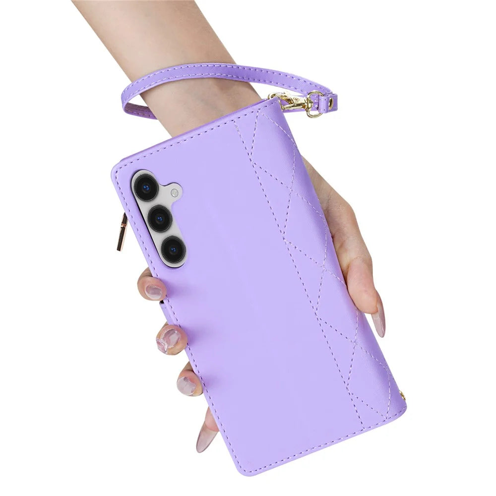 For Samsung Galaxy A56 5G Case Rhombus Stitching Leather Wallet Phone Cover with Long  /  Short Strap - Light Purple - 5