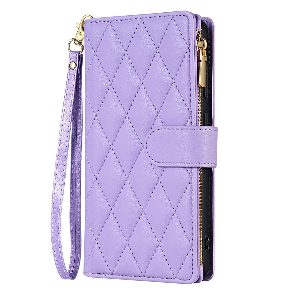 For Samsung Galaxy A56 5G Case Rhombus Stitching Leather Wallet Phone Cover with Long  /  Short Strap - Light Purple - 7