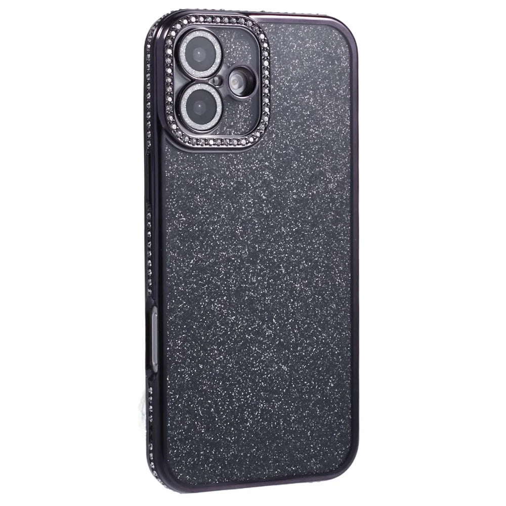 For iPhone 16 Full Protection Case With Camera Lens Protector Rhinestone Embellished Clear Cover - Black - 1