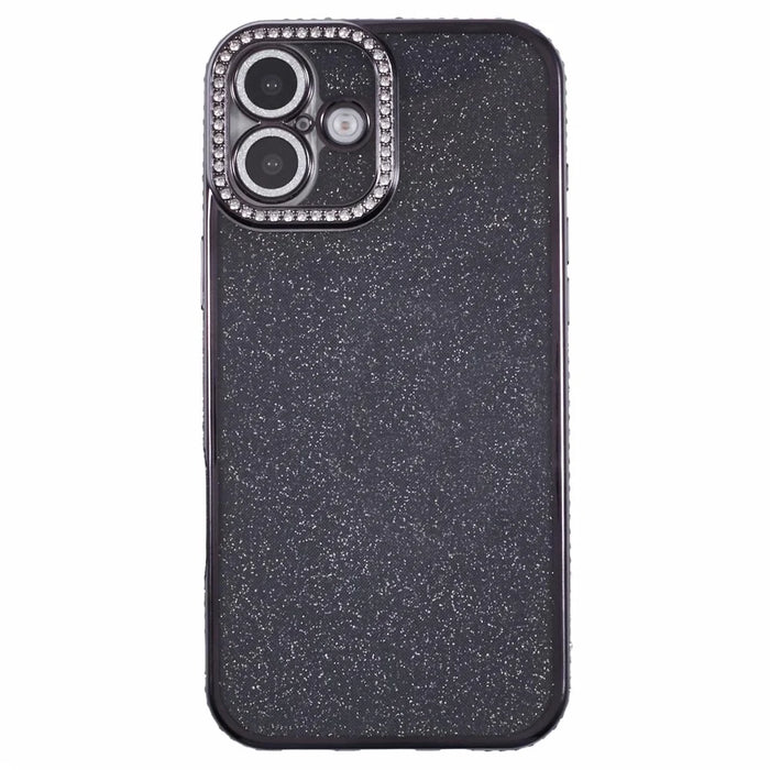 For iPhone 16 Full Protection Case With Camera Lens Protector Rhinestone Embellished Clear Cover - Black - 3