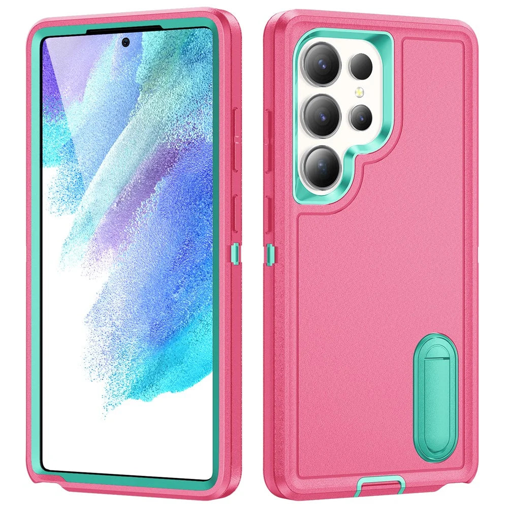 For Samsung Galaxy S25 Ultra Case Kickstand Phone Cover PC+Silicone+EVA 3-in-1 Design - Rose+Light Cyan - 1