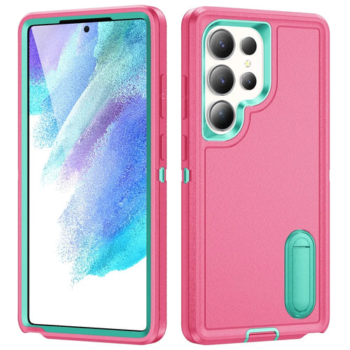 For Samsung Galaxy S25 Ultra Case Kickstand Phone Cover PC+Silicone+EVA 3-in-1 Design - Rose+Light Cyan - 1