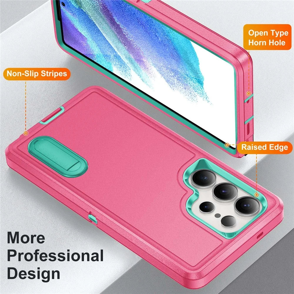 For Samsung Galaxy S25 Ultra Case Kickstand Phone Cover PC+Silicone+EVA 3-in-1 Design - Rose+Light Cyan - 2