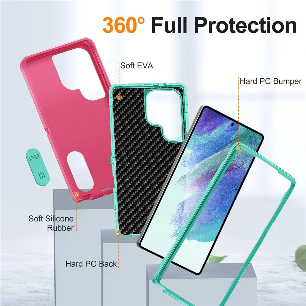 For Samsung Galaxy S25 Ultra Case Kickstand Phone Cover PC+Silicone+EVA 3-in-1 Design - Rose+Light Cyan - 3