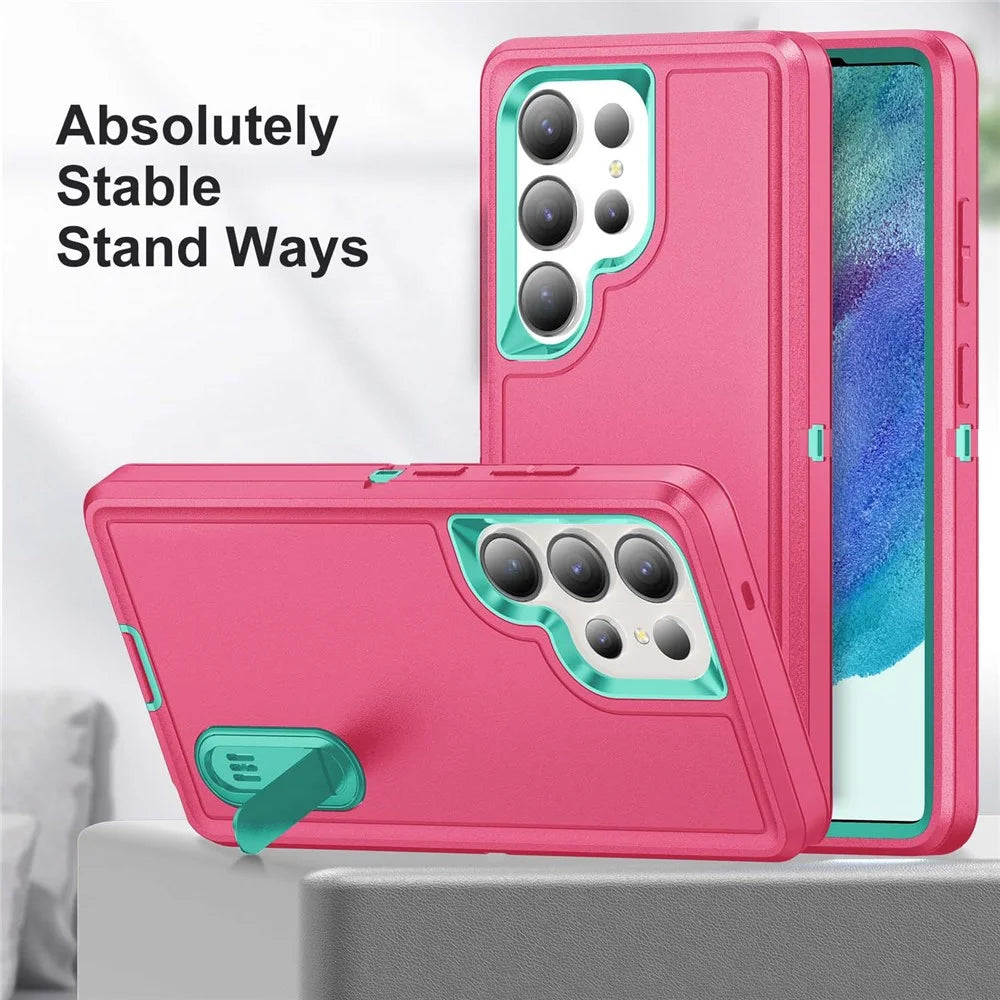 For Samsung Galaxy S25 Ultra Case Kickstand Phone Cover PC+Silicone+EVA 3-in-1 Design - Rose+Light Cyan - 5
