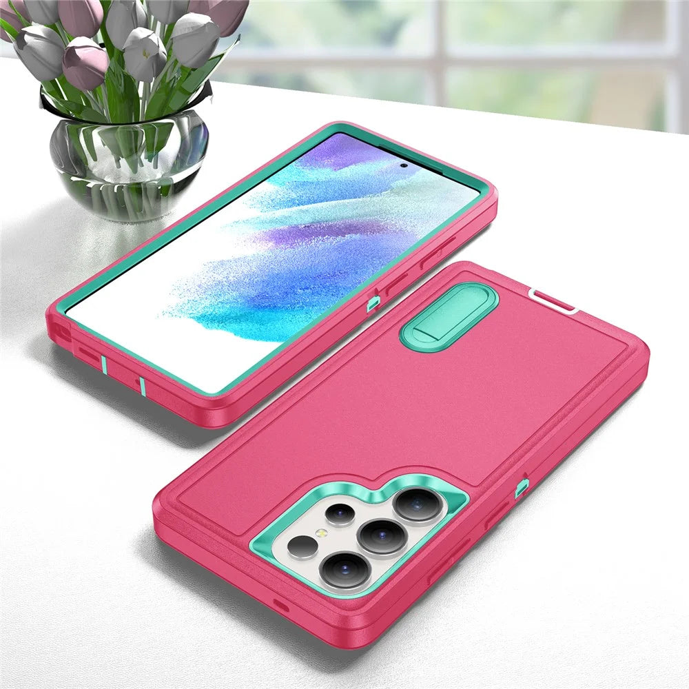 For Samsung Galaxy S25 Ultra Case Kickstand Phone Cover PC+Silicone+EVA 3-in-1 Design - Rose+Light Cyan - 7