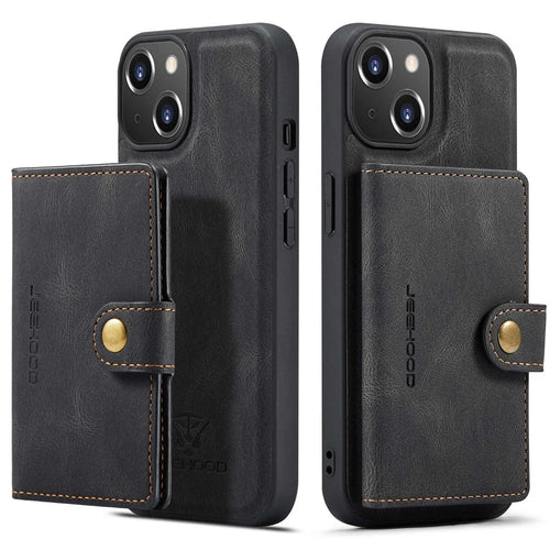 JEEHOOD For iPhone 14 Detachable 2-in-1 Leather Coated TPU Phone Case with Wallet Kickstand - Black - 1