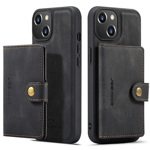 JEEHOOD For iPhone 14 Detachable 2-in-1 Leather Coated TPU Phone Case with Wallet Kickstand - Black - 1