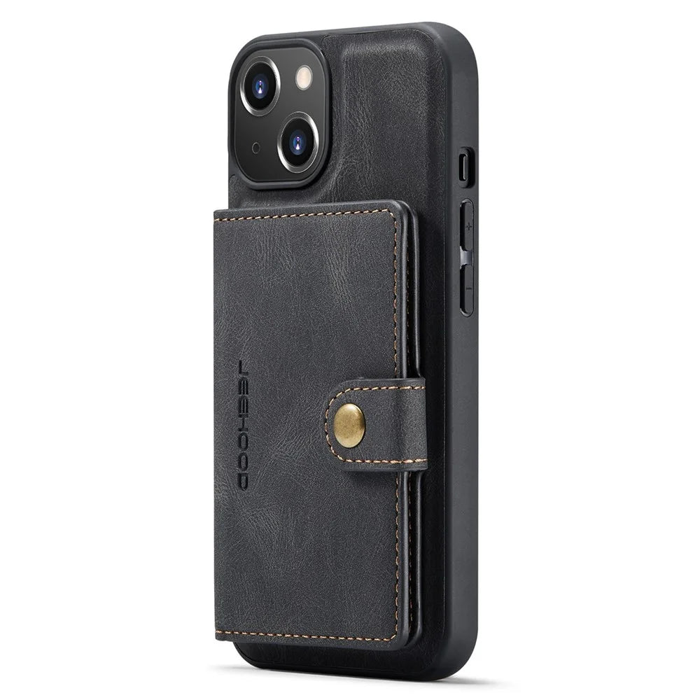 JEEHOOD For iPhone 14 Detachable 2-in-1 Leather Coated TPU Phone Case with Wallet Kickstand - Black - 5