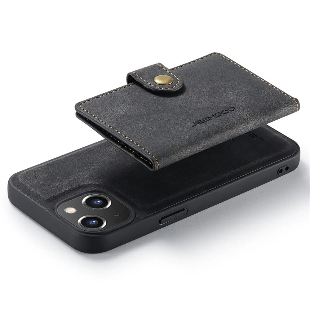 JEEHOOD For iPhone 14 Detachable 2-in-1 Leather Coated TPU Phone Case with Wallet Kickstand - Black - 6