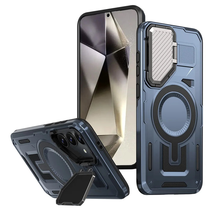 For Samsung Galaxy S25 / S24 Magnetic Case Lens Lid Kickstand PC+TPU Back Cover - Blue - 1