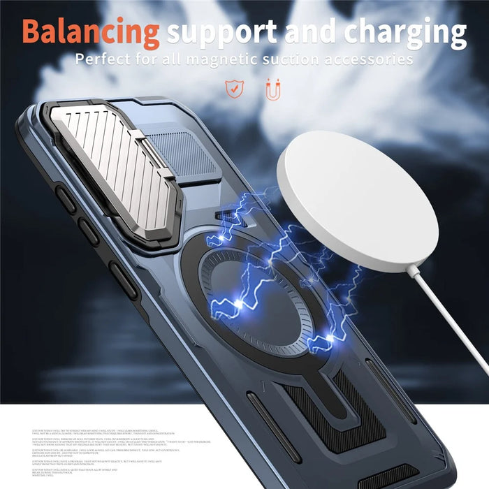 For Samsung Galaxy S25 / S24 Magnetic Case Lens Lid Kickstand PC+TPU Back Cover - Blue - 2