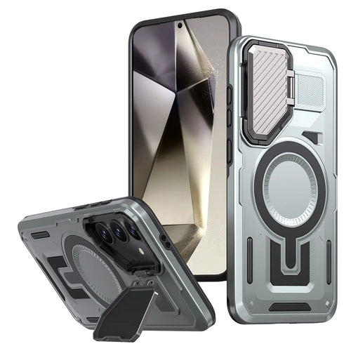 For Samsung Galaxy S25+ / S24+ Magnetic Case Lens Lid Kickstand PC+TPU Back Cover - Silver - 1
