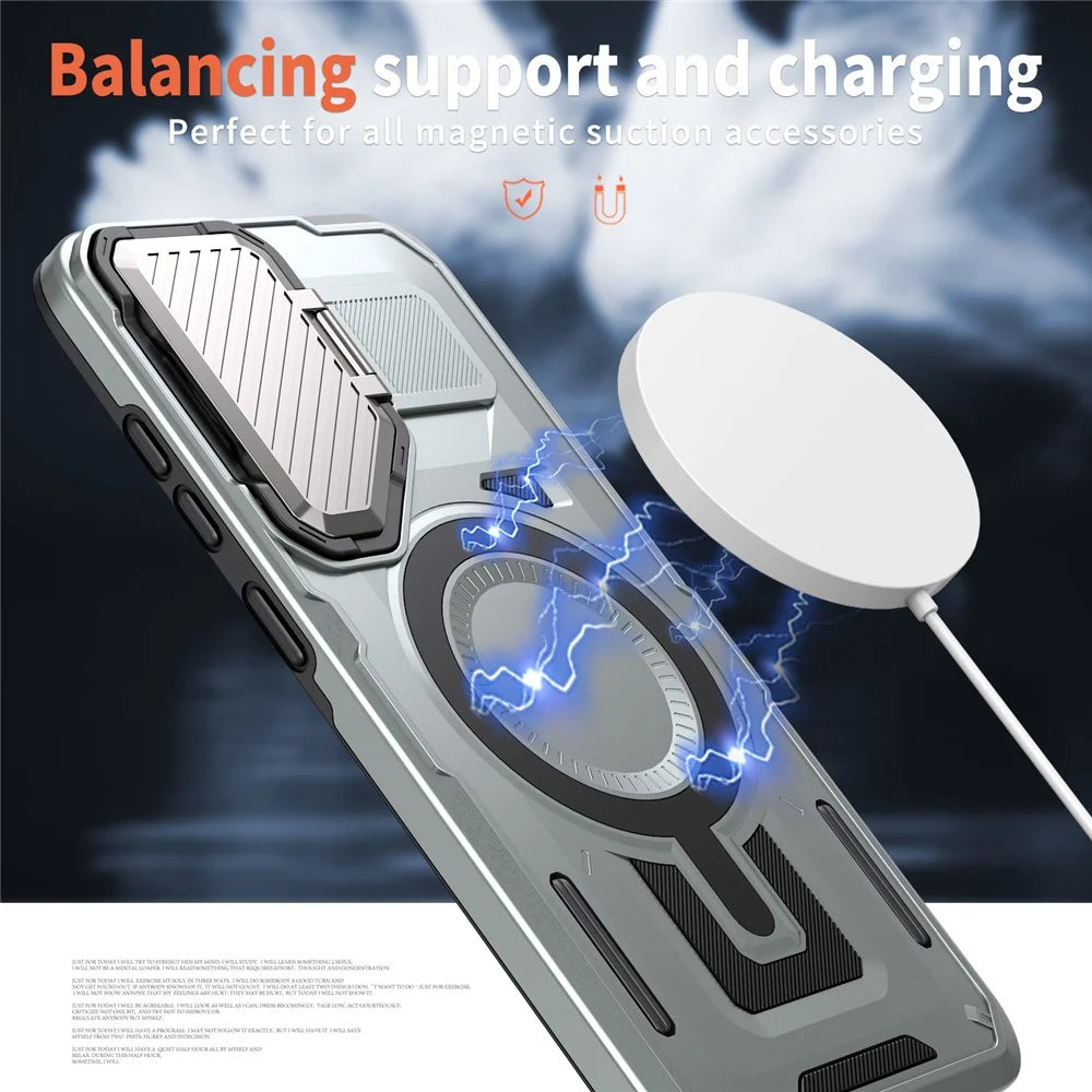For Samsung Galaxy S25+ / S24+ Magnetic Case Lens Lid Kickstand PC+TPU Back Cover - Silver - 2