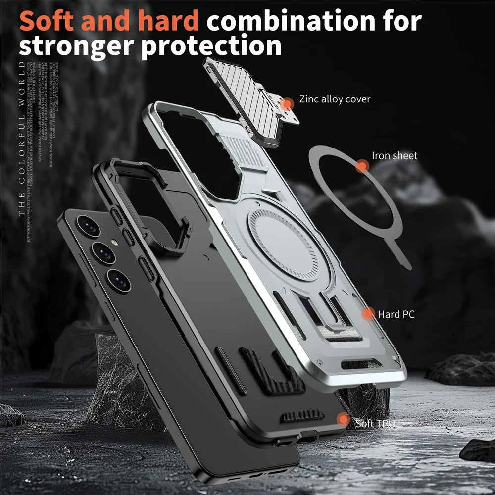 For Samsung Galaxy S25+ / S24+ Magnetic Case Lens Lid Kickstand PC+TPU Back Cover - Silver - 4