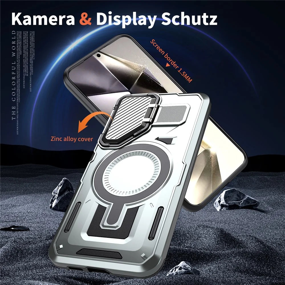 For Samsung Galaxy S25+ / S24+ Magnetic Case Lens Lid Kickstand PC+TPU Back Cover - Silver - 5