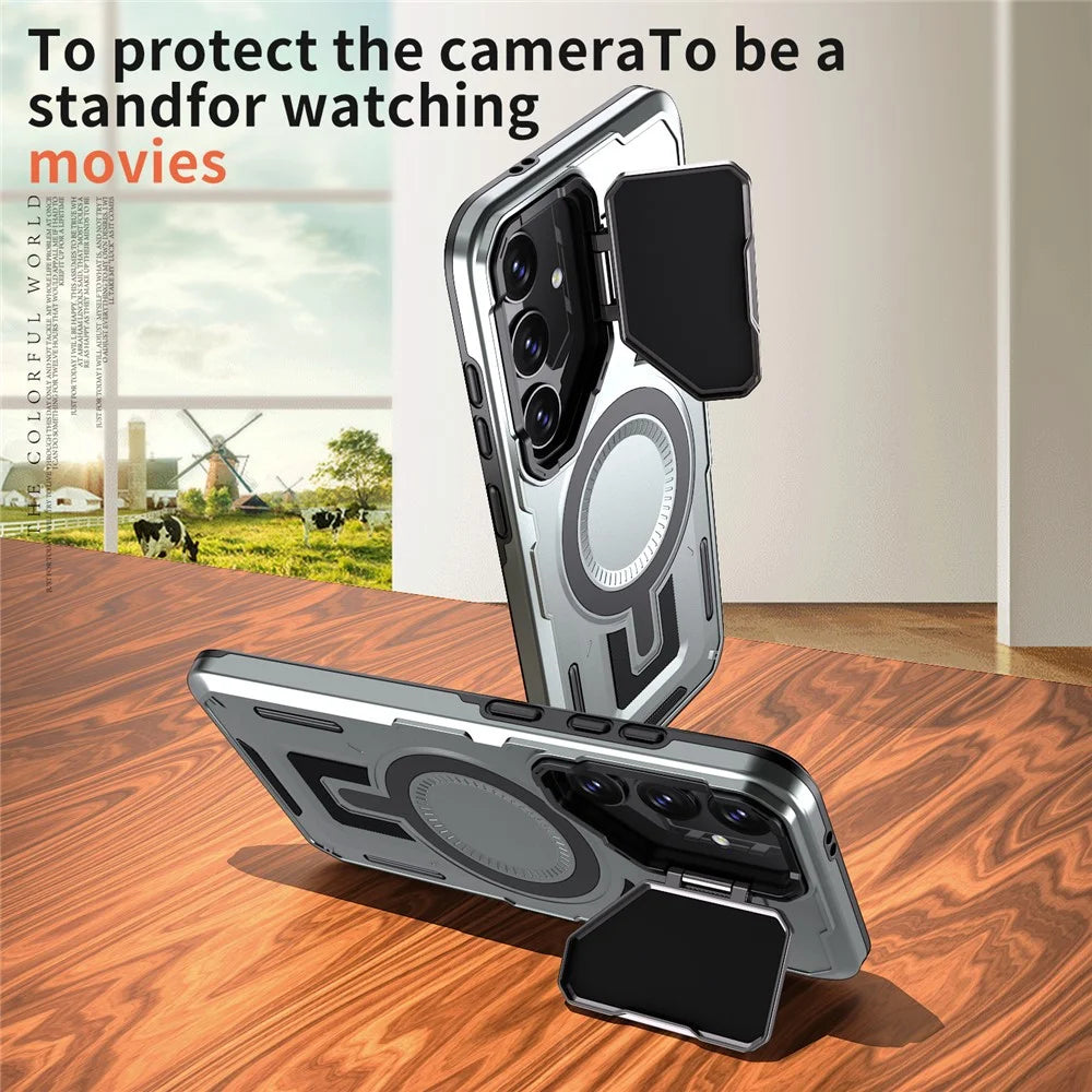 For Samsung Galaxy S25+ / S24+ Magnetic Case Lens Lid Kickstand PC+TPU Back Cover - Silver - 6