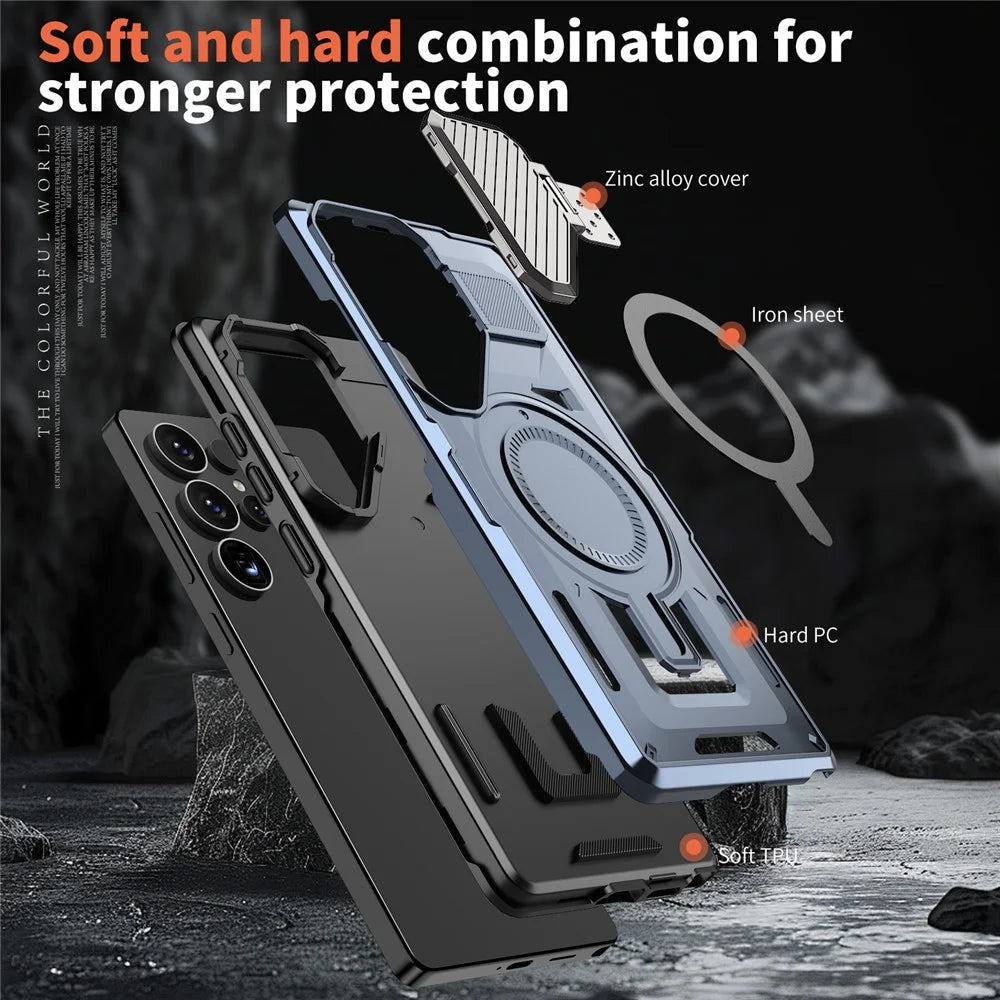 For Samsung Galaxy S25 Ultra Magnetic Case Lens Lid Kickstand PC+TPU Back Cover - Blue - 4