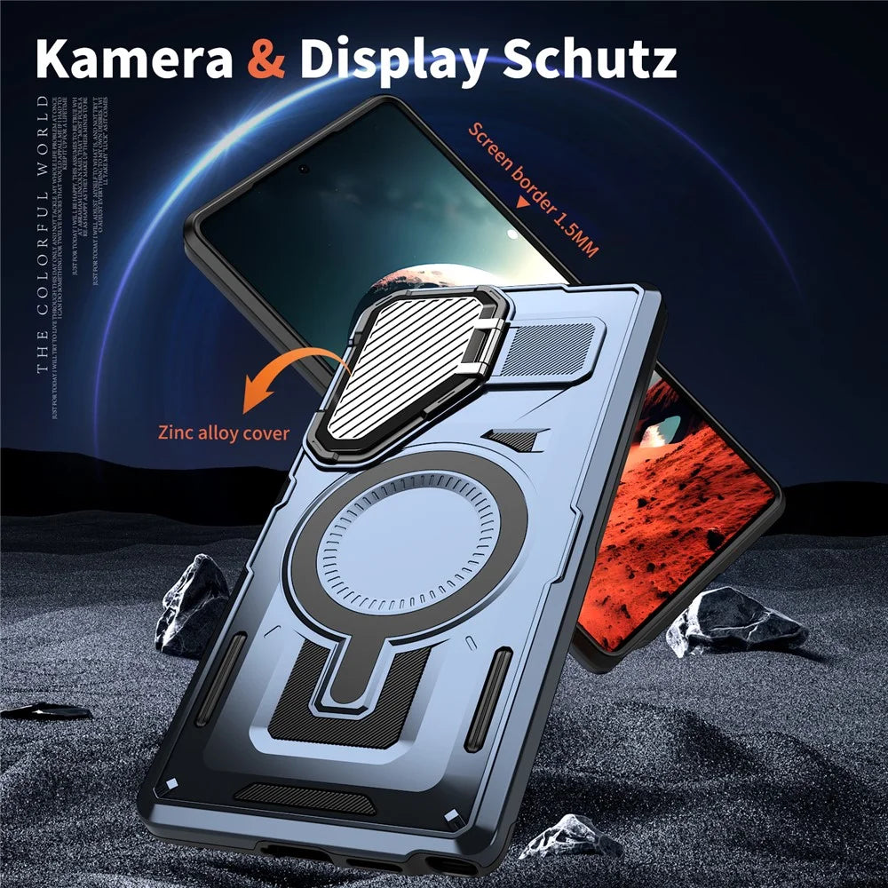 For Samsung Galaxy S25 Ultra Magnetic Case Lens Lid Kickstand PC+TPU Back Cover - Blue - 5