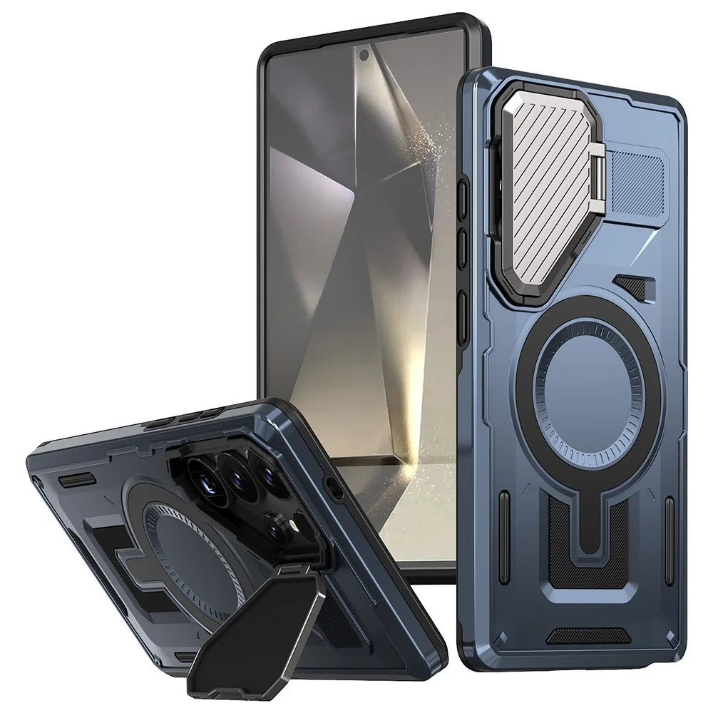 For Samsung Galaxy S24 Ultra Magnetic Case Lens Lid Kickstand PC+TPU Back Cover - Blue - 1