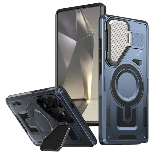 For Samsung Galaxy S24 Ultra Magnetic Case Lens Lid Kickstand PC+TPU Back Cover - Blue - 1