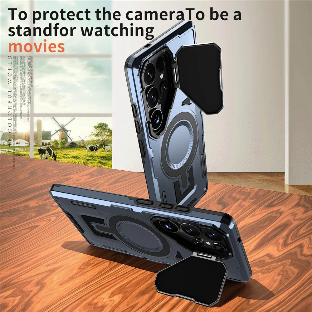For Samsung Galaxy S24 Ultra Magnetic Case Lens Lid Kickstand PC+TPU Back Cover - Blue - 2