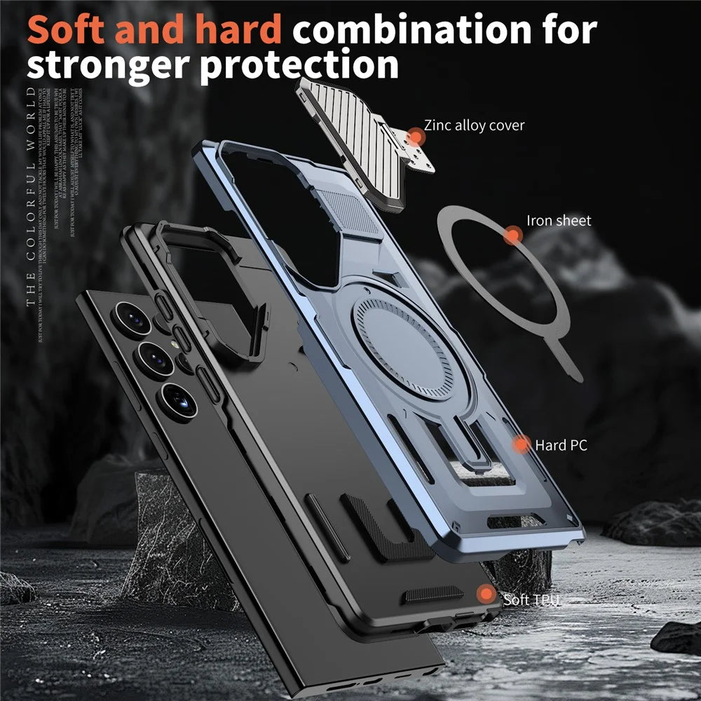 For Samsung Galaxy S24 Ultra Magnetic Case Lens Lid Kickstand PC+TPU Back Cover - Blue - 5