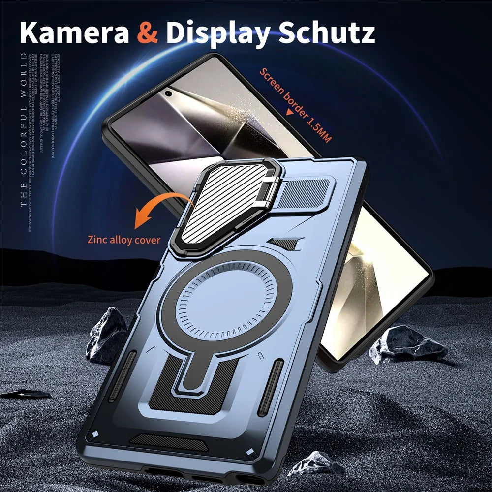 For Samsung Galaxy S24 Ultra Magnetic Case Lens Lid Kickstand PC+TPU Back Cover - Blue - 6