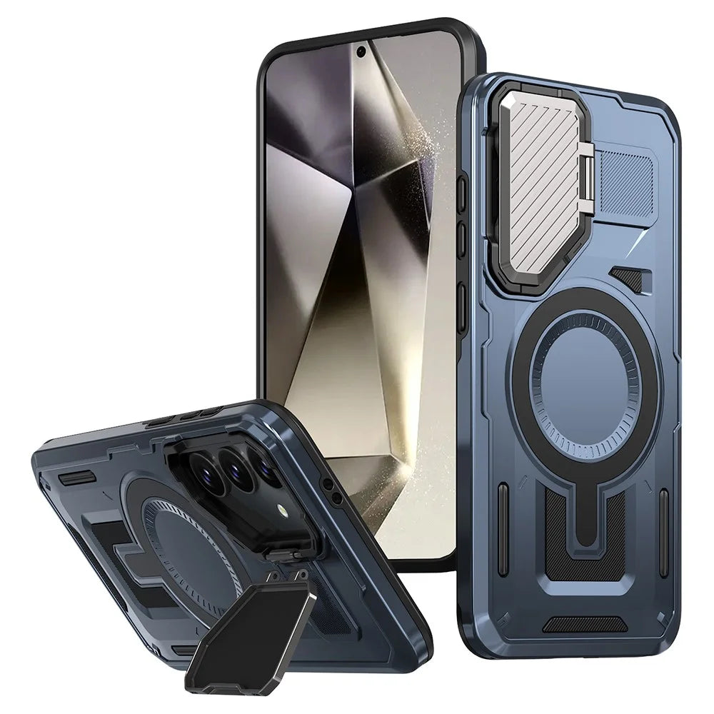 For Samsung Galaxy S24 FE Magnetic Case Lens Lid Kickstand PC+TPU Back Cover - Blue - 1