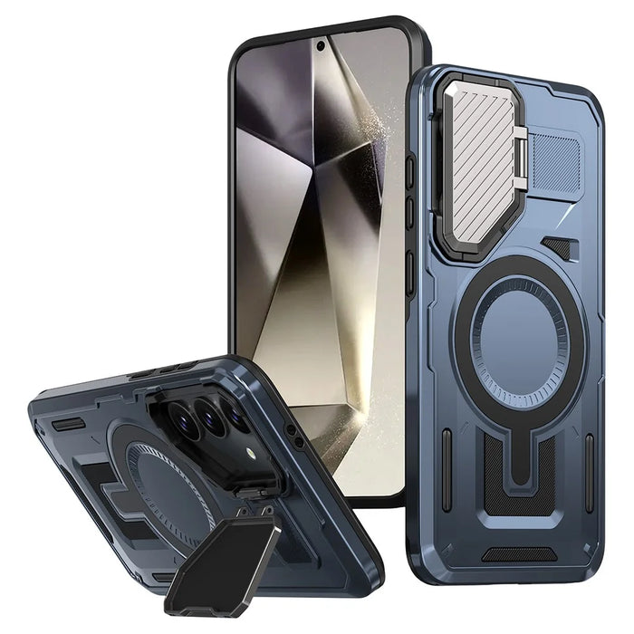 For Samsung Galaxy S24 FE Magnetic Case Lens Lid Kickstand PC+TPU Back Cover - Blue - 1