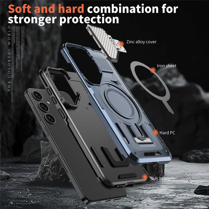 For Samsung Galaxy S24 FE Magnetic Case Lens Lid Kickstand PC+TPU Back Cover - Blue - 5