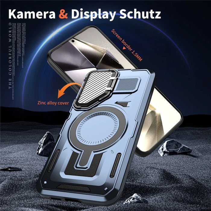 For Samsung Galaxy S24 FE Magnetic Case Lens Lid Kickstand PC+TPU Back Cover - Blue - 6
