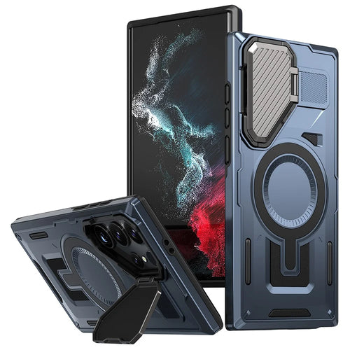 For Samsung Galaxy S23 Ultra / S22 Ultra 5G Magnetic Case Lens Lid Kickstand PC+TPU Back Cover - Blue - 1