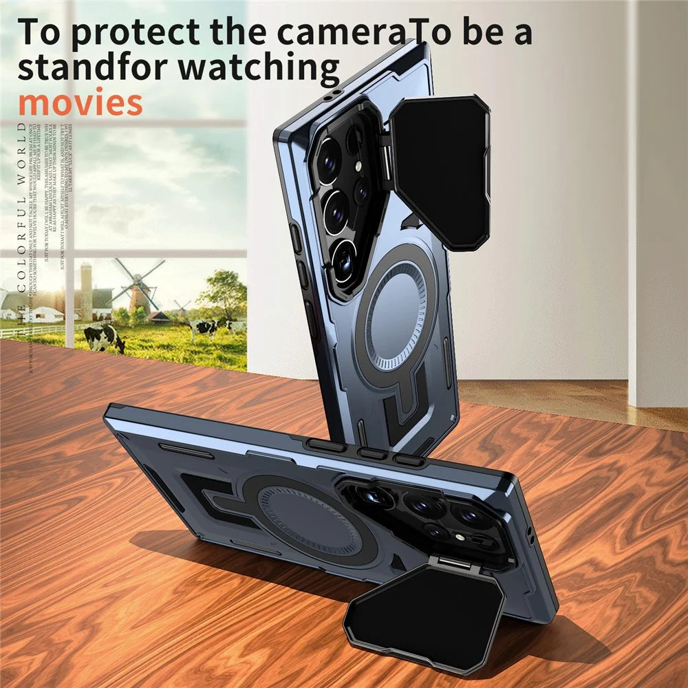 For Samsung Galaxy S23 Ultra / S22 Ultra 5G Magnetic Case Lens Lid Kickstand PC+TPU Back Cover - Blue - 2