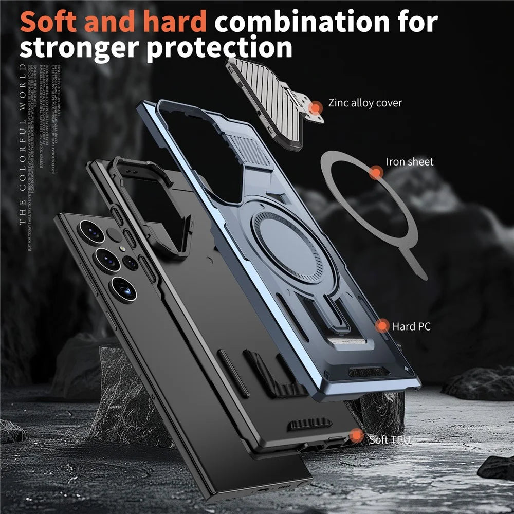 For Samsung Galaxy S23 Ultra / S22 Ultra 5G Magnetic Case Lens Lid Kickstand PC+TPU Back Cover - Blue - 5