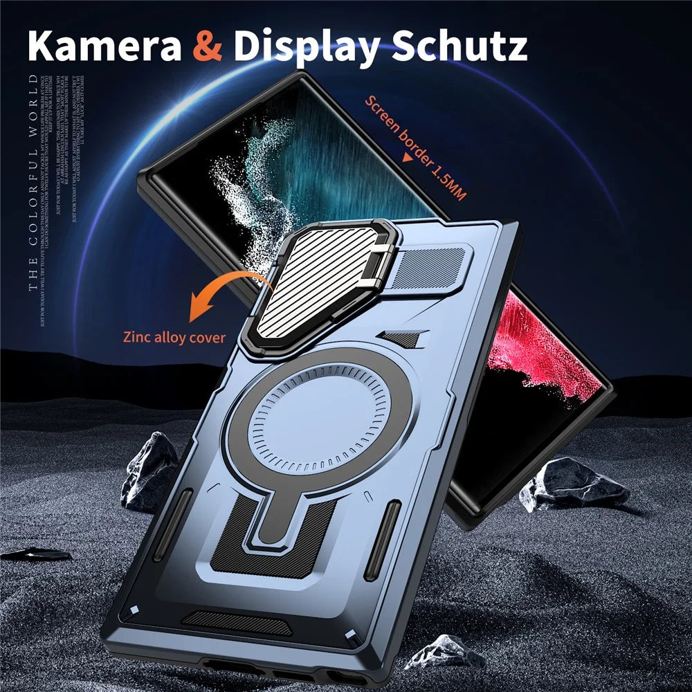 For Samsung Galaxy S23 Ultra / S22 Ultra 5G Magnetic Case Lens Lid Kickstand PC+TPU Back Cover - Blue - 6