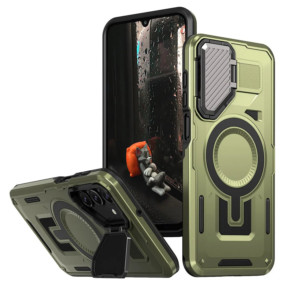 For Samsung Galaxy A16 4G / 5G Magnetic Case Lens Lid Kickstand PC+TPU Back Cover - Olive Green - 1