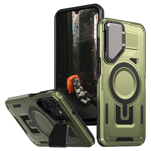 For Samsung Galaxy A16 4G / 5G Magnetic Case Lens Lid Kickstand PC+TPU Back Cover - Olive Green - 1