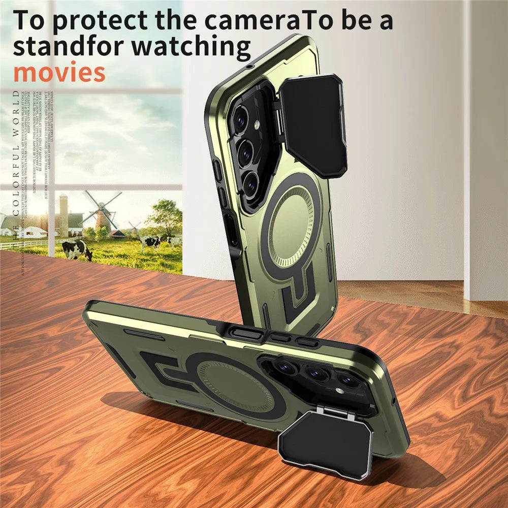 For Samsung Galaxy A16 4G / 5G Magnetic Case Lens Lid Kickstand PC+TPU Back Cover - Olive Green - 2